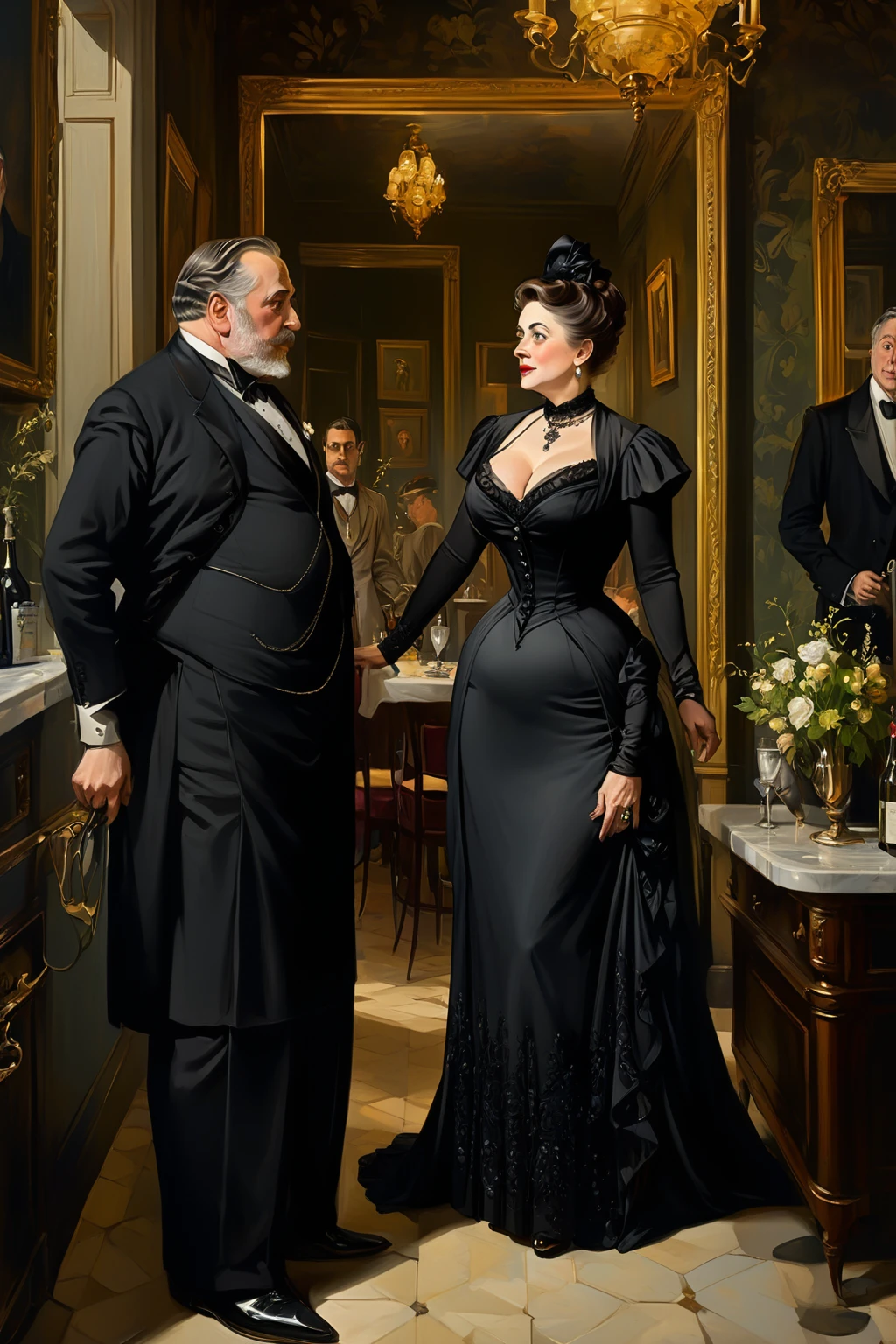 Full body view, a tall voluptuous buxom, fully figured, mature victorian widow in a black dress having a  conversation with a eldely gentleman  by the cloakroom of an elegant restaurant , oil painting 