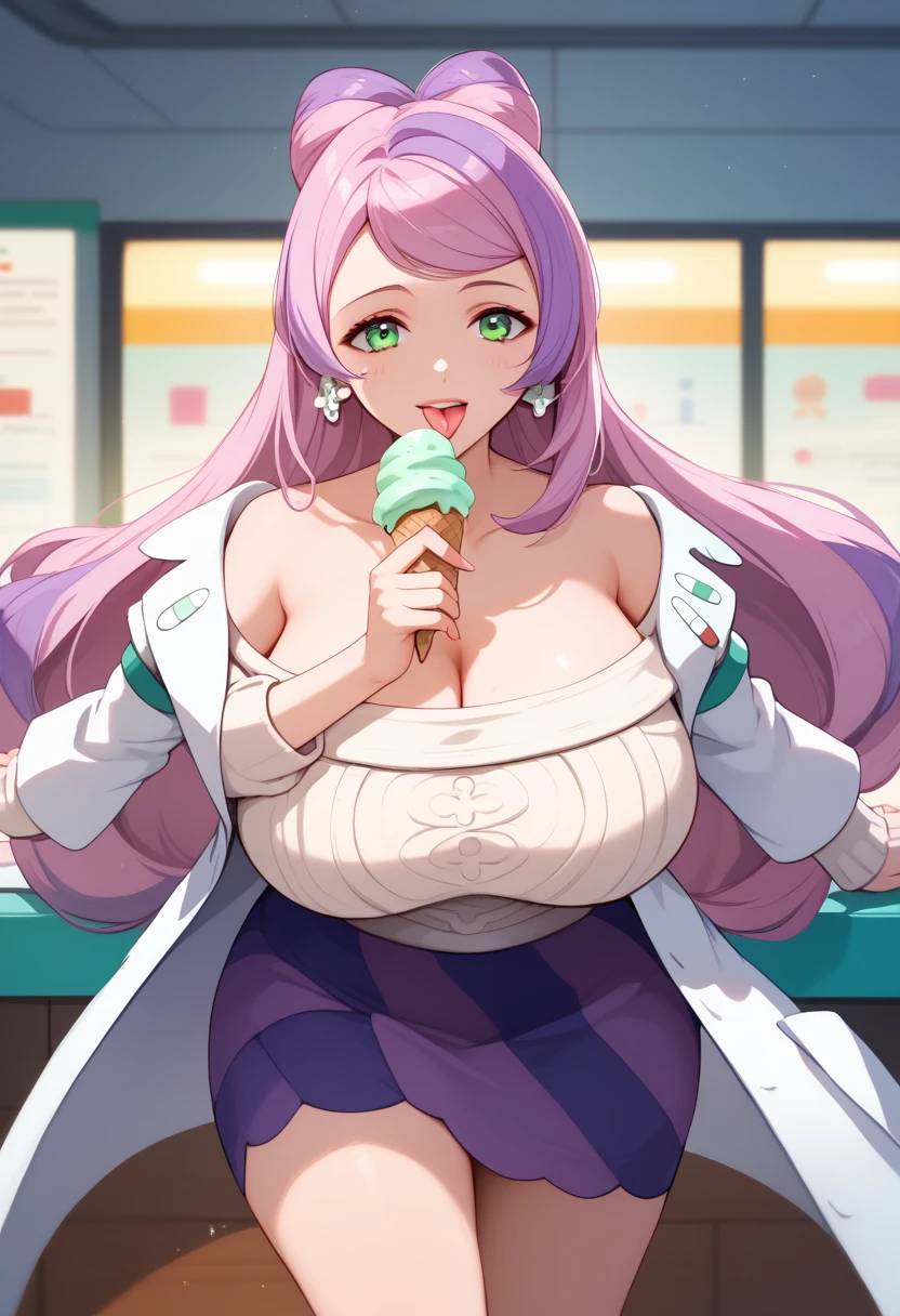 ((((MASTERPIECE)))), best quality, 1 girl, solo,Huge breasts,large ass,miriam, green eyes, multicolored hair,earrings, labcoat, white sweater, purple skirt, striped skirt,Beautiful attention to detail:1.2, (perfect hand, perfect anatomy), super detailed, beautiful face,Health room,smile , (close-up breasts:1.3), (close-up face:1.0) ,Licking ice cream,Sticking out tongue:1.3,nsfw