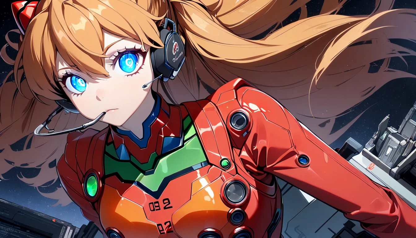 (俯瞰figure),Dynamic Angle,Super detailed, figure, close, Straight, One girl, 
 ((Soryu Asuka Langley, Interface Headset, Red bodysuit:1.4, blonde)),Her eyes shone like dream-like stars,(Glowing Eyes:1.233),(Beautiful and detailed:1.1),(Expressionless,Mouth closed),(Are standing), 
(In a white spaceship、Mechanic room with tools and spaceship window),
(night:1.2),dream-like, [[Delicate fingers and hands:0.55]::0.85],(Finger details),