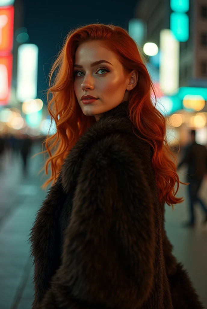 (upper body, sexy Pose: 1.3), (​masterpiece, best quality, ultra detail: 1.2), (fire red-haired model with bright blue eyes, Type Elena Fernades, most beautiful woman: 1.2), (Perfect, detailed face, beautiful eyes: 1.2), Playful smile,  wavy red hair, Red lips, (black shirt: 1.2), Jeans, (soft lighting: 1.1), City Street, nightfall, Straßenlichter, natta. With her fiery red hair, which fell like melted silk, She is 1,73 m tall" with slim stature. Her slightly tanned skin is adorned with freckles, to give her youthful face a touch of whimsy. She 25 years, perfect photo, gorgeous woman.