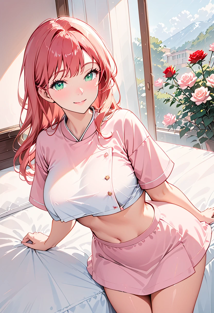 masterpiece, best quality, girl, long hair, big breast, rose gold hair featuring soft pink highlights, deep emerald green eyes (#006742), gentle smile. short underboob style pink nurse uniform, The atmosphere is warm and inviting. She is standing in a cozy room, slightly leaning towards the viewer. The viewer is lying in bed, with only their arm in a cast visible in the foreground, cowboy shot