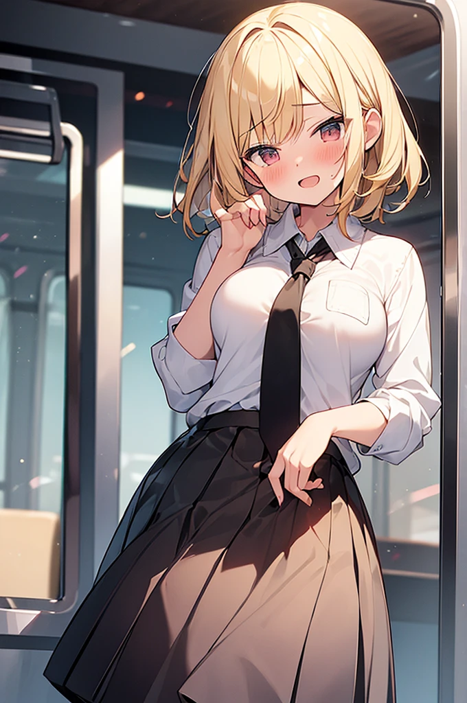 erotic ladies in train, 25 age old, standing ,Full face blush, white sweater, green skirt, off shoulder, Full breasts, {{large breasts}}}, troubled expression, Black hair, Blonde hair, Beige hair, humiliated, Shameful face, (see-through clothes:1.3), Slut lingerie, grabbing breasts by other from her side:1.7, the man is out of frame:1.7, close up,