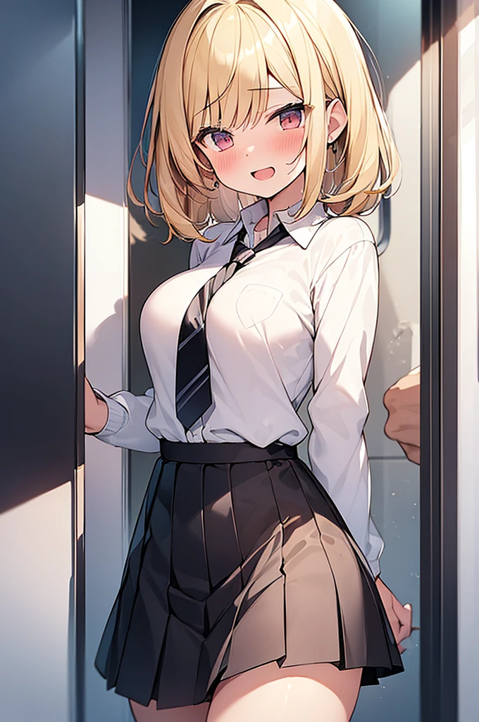 ((masterpiece、Highest quality、Very detailed))、One person、gyaru、Blonde、short hair、((forehead))、Grey Eyes、evil smile、((Grin))、((lots of piercing))、Large Breasts、((White collared shirt))、((clavicle))、((lightbrown sweatervest))、((Black pleated skirt))、((iskirt lift))、Thick thighs、((leopard print panties))、((condom belt))、Cowboy Shot、Locker Room Background