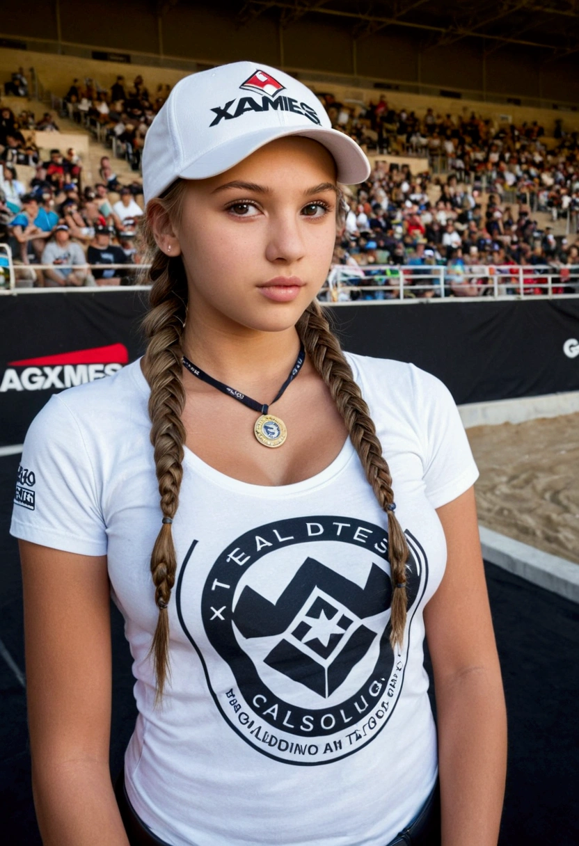 NICE GORGEOUS 18 YO GIRL, BRAIDED, AT XGAMES, MEDALHAS,MEDALS,LOW NECKLINE, , CAP,,HUGE BREAST, TSHIRT