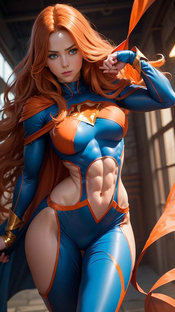 ((best quality)) ((Ultra Detalhado)) ((doto do corpo inteiro)) ((com da roupa da supergirl)) ((rosto detalhado)) ((saia curta vermelha)), ((Seios enormes)) ((cabelo longo laranja)) ((cabelo longo sedoso)) ((tatuagem do ombro direito)) ((nariz comprido)) ((a nami piece)) ((Athletic body)) ((olhos atraentes)) ((sharp eyes)) ((corpo magro)) ((High-resolution shadows)) ((cores atrativas)) ((pulseiras de ouro)) , Apertado ,capa vermelha, super man s symbol, sombras claras