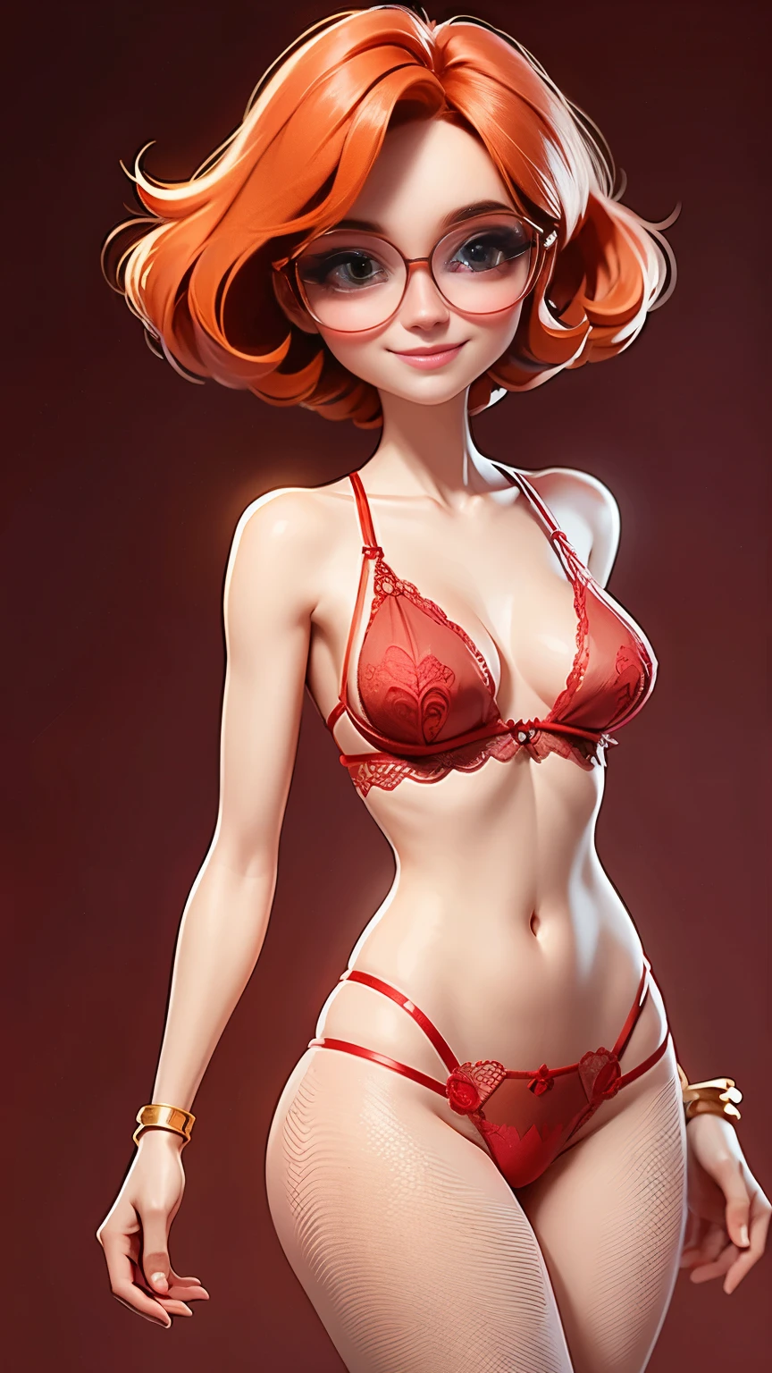 Beautiful ginger girl,  loose hair bob haircut,  big boobs, Modern accessories , glasses,  detailed eyes, detailed smile, ((Only red lingerie)), walking , Detailed details, Show back to bed, holographic,  Clear and simple background