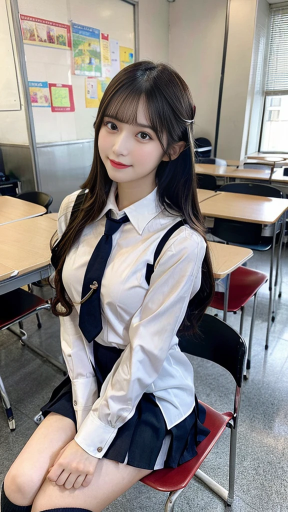 Highest quality, masterpiece,8k, Ultra-high resolution, （Smile）,(Realistic: 1.4), RAW Photos, Dynamic Pose,Black Hair,((uniform)),Young,1 girl, Glowing Skin, classroom, Dramatic lighting, whole body, high school girl,（underwear）