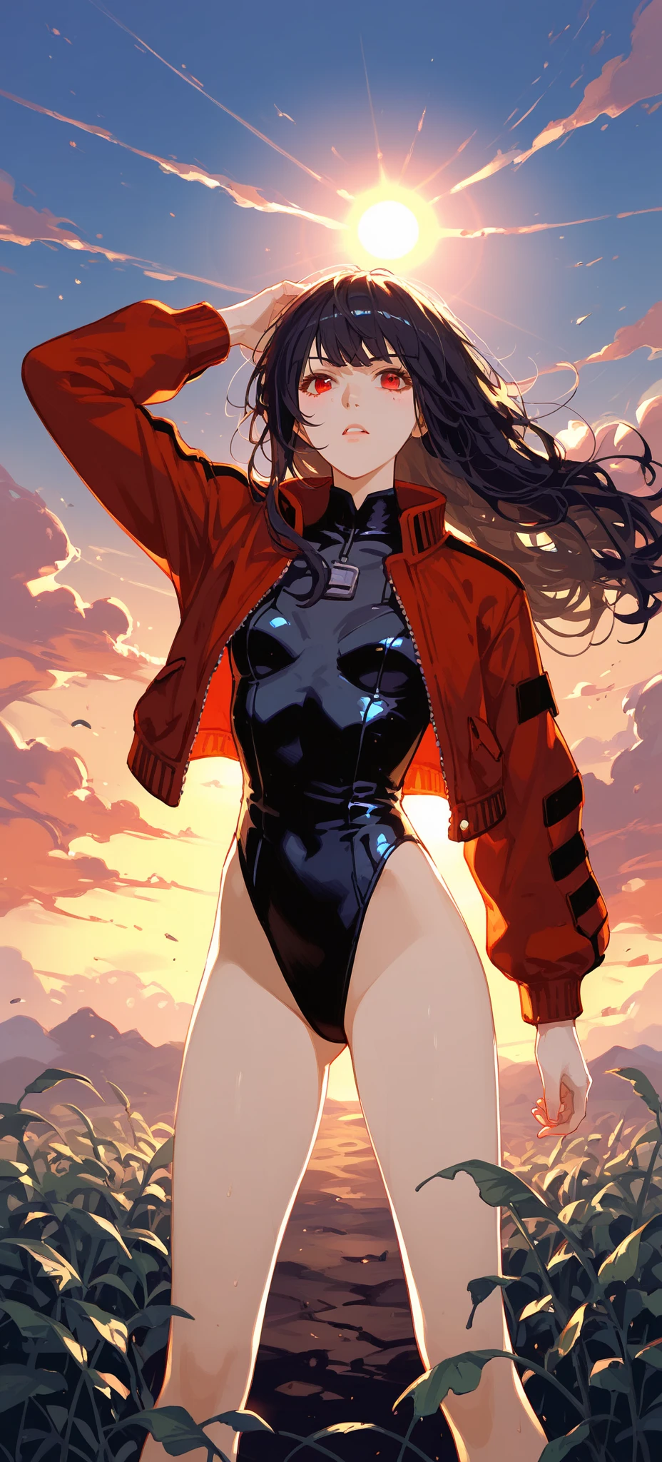 1girl, solo, battle, black hair, straight bangs, ((red eyes)), long hair, black iridescent hair, ((straight bangs)), triumphant pose, small breasts, thick thighs, oversized red bomber jacket, black leotard, sunset, ((post apocalyptic setting)), beautiful summer day, natural lighting, overgrown greenery, dilapidated skyscrapers covered in overgrowth in the distance, abandoned_style
