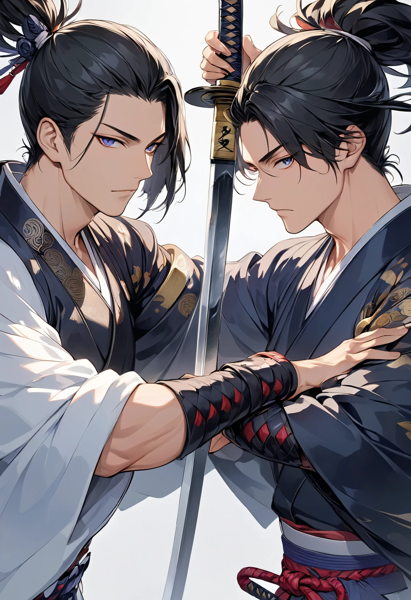 (((Best quality, 8k, Masterpiece: 1.3)), ((best quality)), ((masterpiece)), (detailed), perfect face, perfect body, (detailed skin:1.3), (intricate details), samurai, male, 1 samurai sword, duel, 