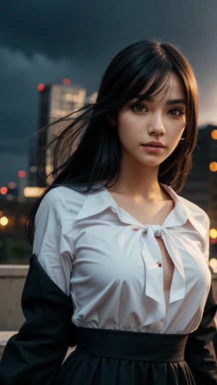 (hyper-realistic), (illustration), (high resolution), (8K), (extremely detailed), (best illustration), Yoru ( Chainsaw Man ), (beautiful detailed eyes), (best quality), (ultra-detailed), (masterpiece), (wallpaper), (detailed face), solo, upper body, focus on face, 1 girl, long black hair, Korean, thin eyeshadow, well-detailed eyes, brown eyes, small moles under the eyes, long sleeve shirt, neck bow, small breasts, pinafore dress, dynamic pose, low lighting, night, dark, clouds, dark night