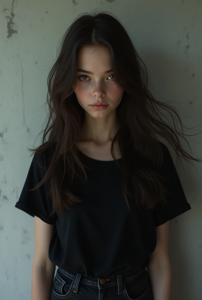 (photorealism:1.2), the body of a young adolescent woman with blue eyes and brown hair standing on face and wear a black t-shirt