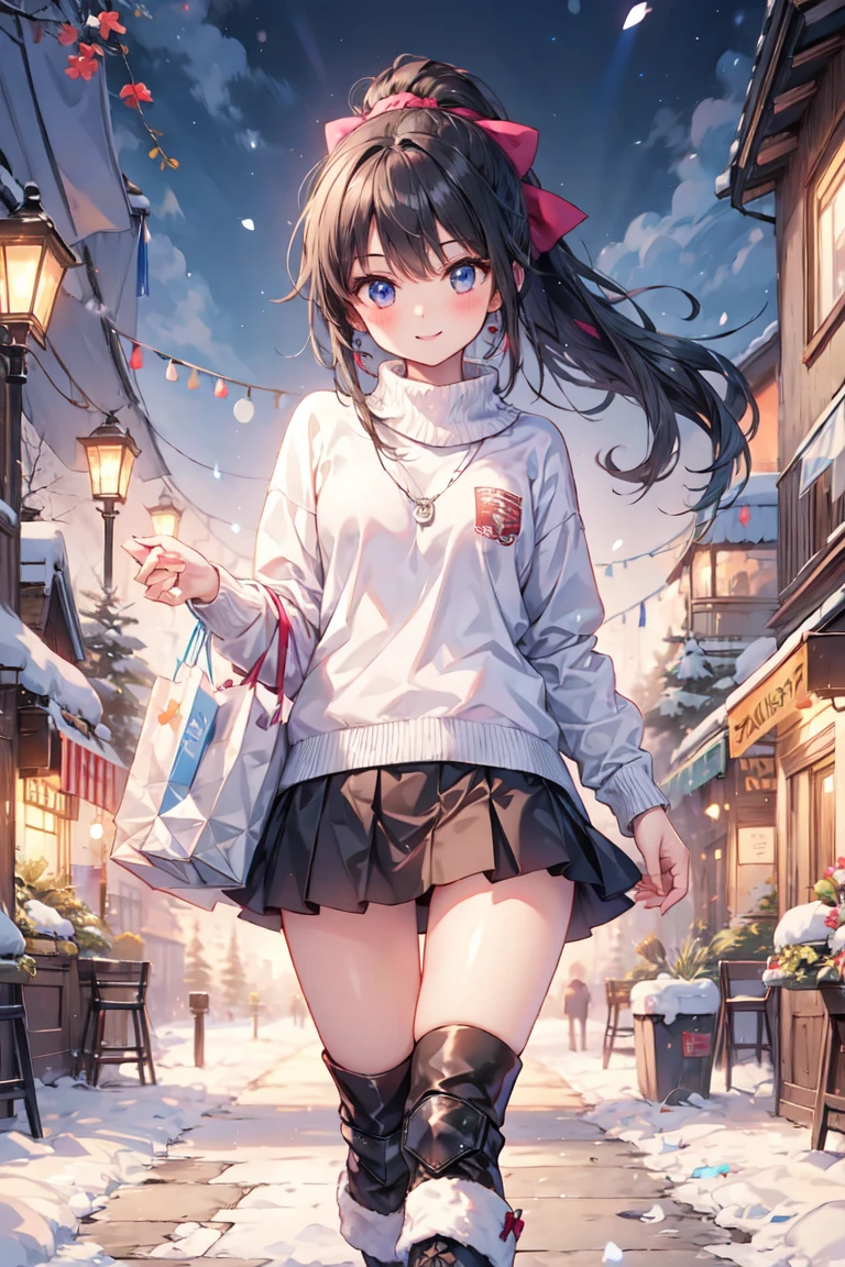 (best quality, masterpiece, perfect face, beautiful and aesthetic:1.2, colorful, dynamic angle, highest detailed face) cowboy shot, anime:1.2, solo,
1girl ((Victoria Justice)) wearing a sexy christmas sweater in a snowy night in the city, christmas decoration,