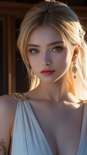 A woman of beauty in a fantastic space, 98k, {{Masterpiece}}, Best quality, High quality:1.4)，{{[[front look}}, eye_contact, a variety of poses)]], very pretty look face, and very pretty eyes, cute images, cute images, {{A half body}}, {{{{{{{{Long legs}}}}}}}}, {{{{slim sexy body}}}}, {{{{{{Tall woman}}}}}}, {{177 cm tall}}, Solo, Beautiful, Lovely, Adorable, Pale skin, look beautiful German girl and blue eyes or green eyes with platinum golden hair color), Nordic German young girl, {{{{{{{{{{half girl}}}}}}}}}}, {{{{{{{{{{High_Heels}}}}}}}}}}, Wavy hair, strapless Cinderella dress, earrings, princess, cleavages, necklace, large breasts, large lips, makeup, blush, castle hall, thick black eyebrows, tiara