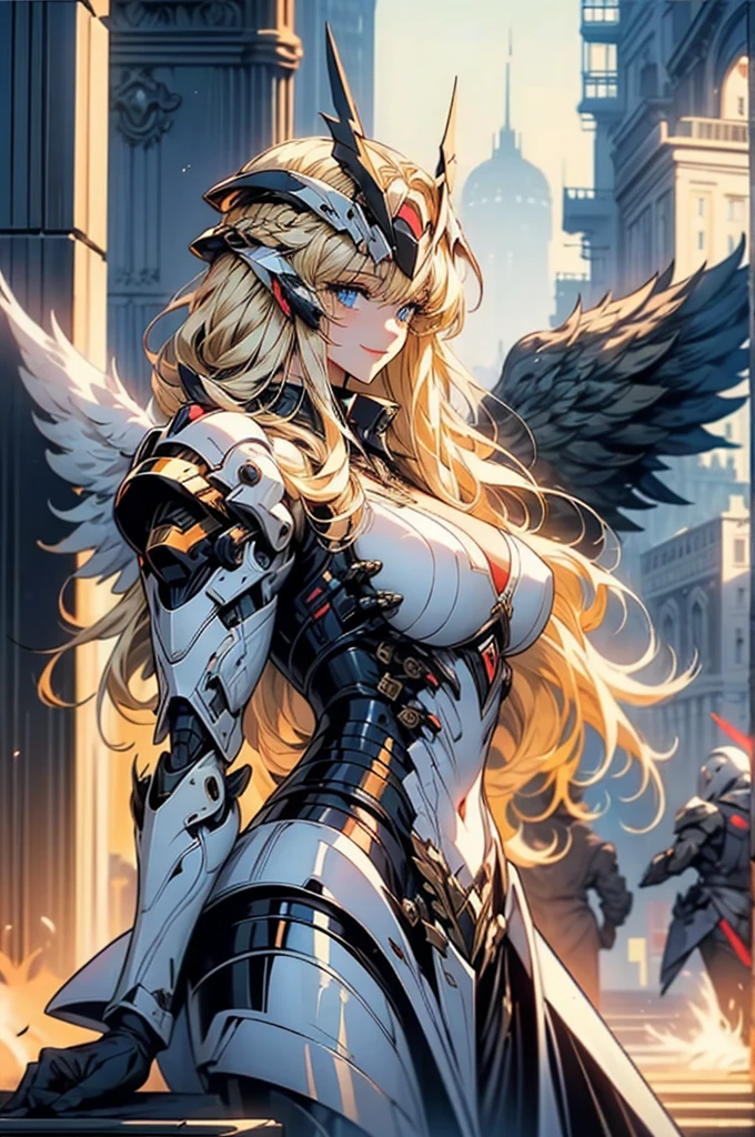 zzmckzz, mecha helmet, wsprmr, mecha helmet, metallic wing, metal wings, symmetrical metal wings,, ultra detailed, masterpiece, best quality, aesthetic, detailed,, solo, soft smile, light smile,
1girl, blue eyes, very long hair, blonde hair, long blonde hair, french braid, bangs, Large breasts,