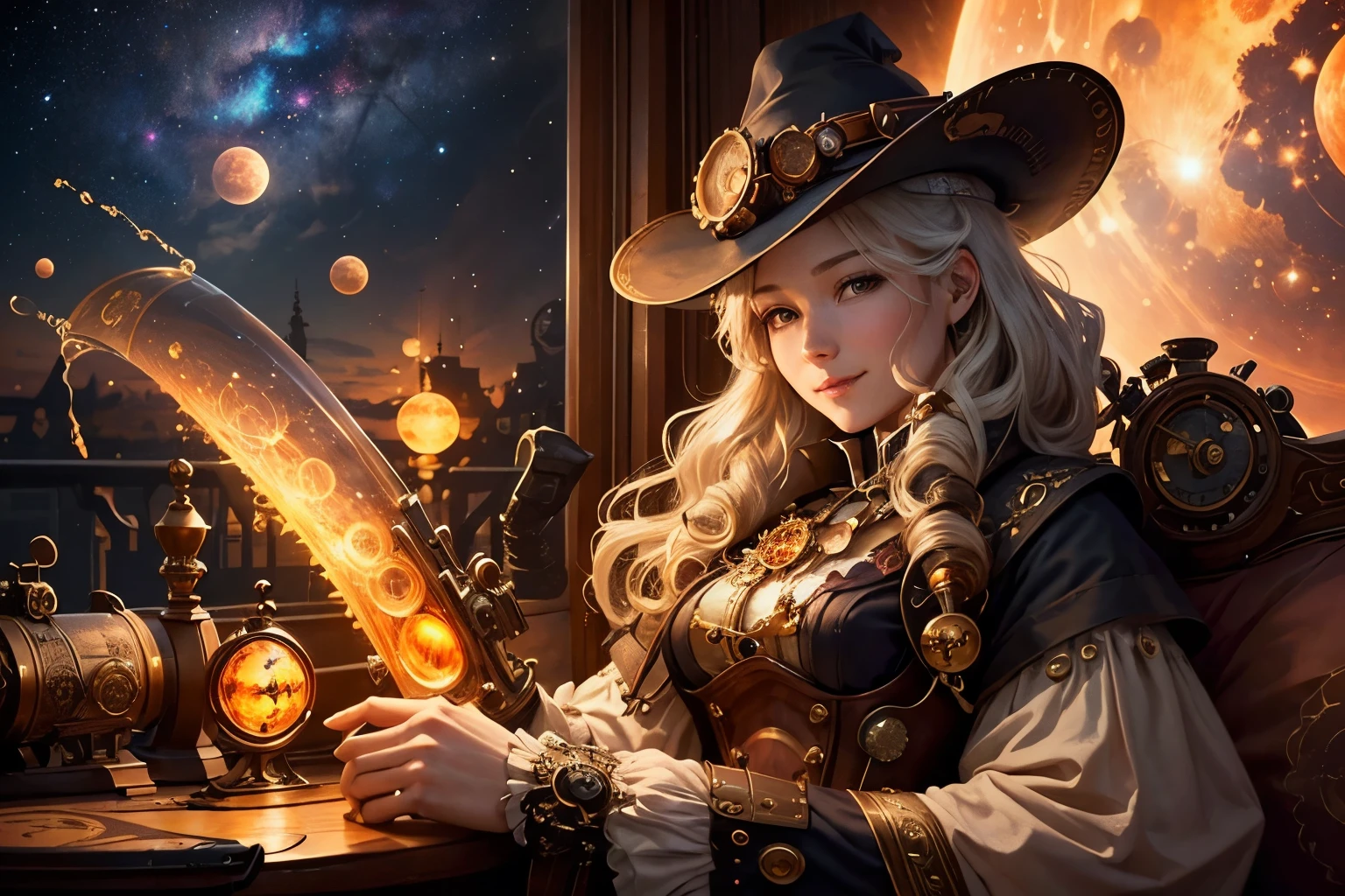 (outdoors, floating), black science, white robe, black lingerie, beautiful woman, (mature face:1.4), concentrated casting world-eater-spells, magic circles, zentangle, loaded cheese-pastries-cannons, cheese-pastires attack, ((pointing at the sky, looking at the sky in terror))