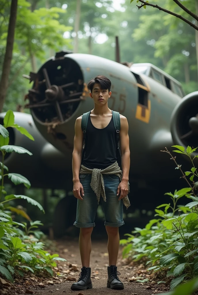 Full body shot of Teenage prince of Korean,captive, taken hostage, teenage guy, golden crown, golden belt, shirtless, wearing a bikini underwear standing in army camp ,**have a many soldiers in blur background 