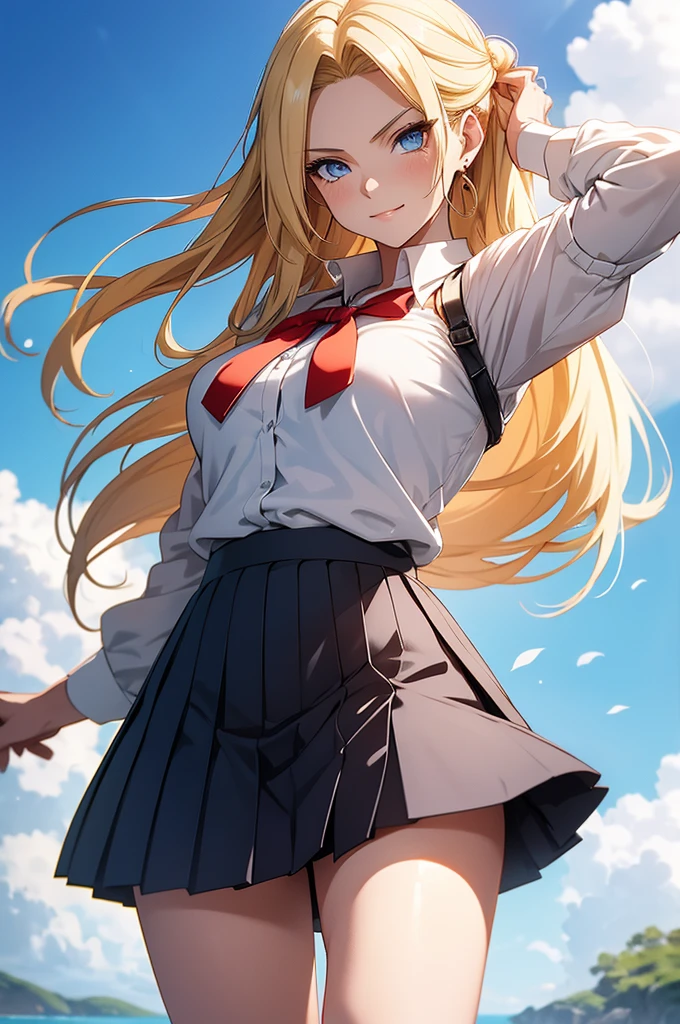 One Girl、Laughter、blazer、shirt、Skirt、uniform、Chirarizum、日本の高校生のuniform、Upper body portrait、Blonde、dynamism!!Running with the wind、squat