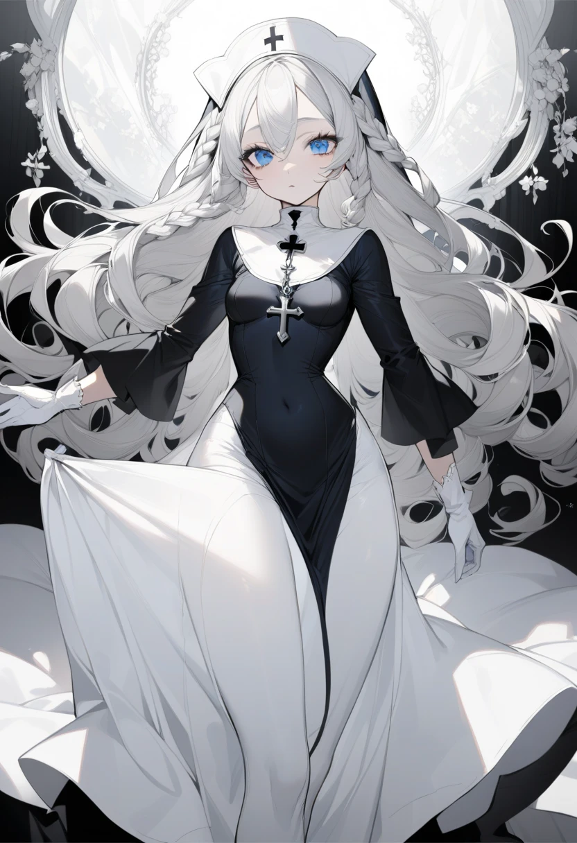 An incredibly beautiful woman with long white hair, curls at the end, curly short sidelocks and long tiny braid sidelocks and blue eyes, a narrow waist, perky ample bosom, flat sculpted stomach, with White lashes, She usually wears a long dark blue and black tight nun outfit with a dark blue and white nun headdress and long white stockings and black heels, white gloves and a silver cross necklace