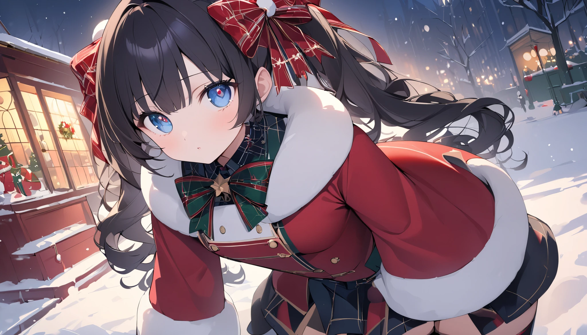   Christmas、snow景色、snow、 evening 、  Christmasツリー、Lots of decorations 、(  slim、1 person,   cute young woman, ,  medium bust,   black hair 、  twin tail hair  、 blue eyes、 big red lace ribbon in the hair  ),delicate beautiful eyes ,  Finely Drawn Eyes  ,  is high definition ,   Masterpiece  ,  pictures of girls  , The face is turned down to the last detail, which is cute and beautiful、Beautiful Bangs, Bangs between the eyes, (  eyeliner  , lipstick:0.9),  Christmasコーディネート(long sleeve coat、  muffler  、  miniskirt、  stockings)