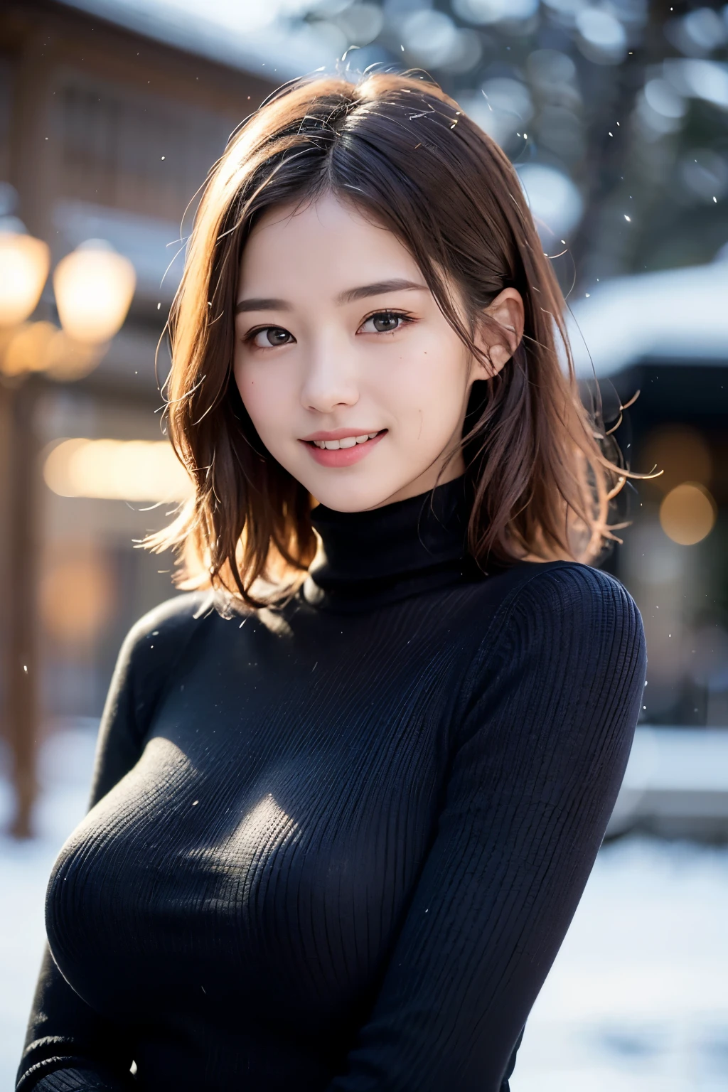 (masutepiece:1.3, Photorealsitic:1.4, 8K), top-quality, masterpiece, 超A high resolution, Perfect dynamic composition, Highly detailed skin and facial texture:1.3, A detailed eye, Detailed limbs, Winters, snowflakes falling:1.2, Snowfall landscape at night:1.2, 1girl in, Cute sexy 17 year old slim woman, Fair skin, tilt the neck, ((A smile:0.9, Totally captivates you:1.0)), (Red scarf and yellow-green long-sleeved turtleneck sweater:1.2, High waist mini skirt:1.1), ((voluptuous breasts:1.05)), Short boots, (Facing the front, Squat with your knees bent), (Beautiful blue eyes, Eyes that feel beautiful eros:0.85), Sexy face:0.4, (A mouthfeel that feels beautiful eros:0.85), ((Super erotic and cute:0.9))