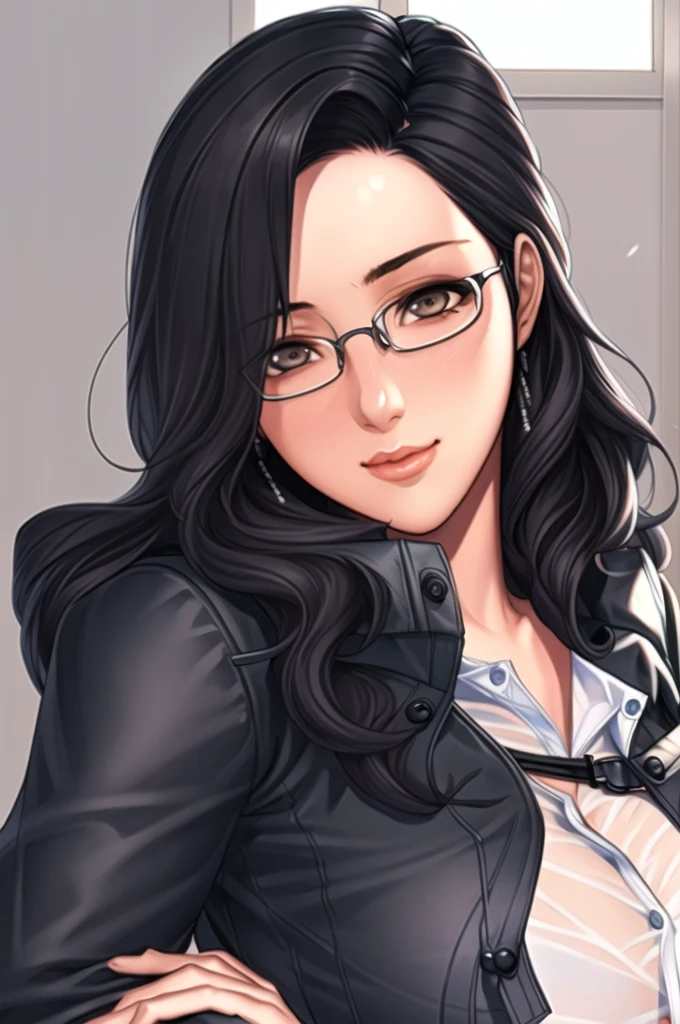 Simple White Background,
(black_jacket:1.4), pantyhose, pencil_skirt,(white_shirt),
office lady,
black_hair,brown_eyes,long_hair,glasses,star_hair_ornament,
1 girl, 20yo,Young female,Beautiful Finger,Beautiful long legs,Beautiful body,Beautiful Nose,Beautiful character design, perfect eyes, perfect face,expressive eyes,perfect balance,
looking at viewer,(Focus on her face),closed mouth, (innocent_big_eyes:1.0),(Light_Smile:0.3),
official art,extremely detailed CG unity 8k wallpaper, perfect lighting,Colorful, Bright_Front_face_Lighting,White skin,
(masterpiece:1.0),(best_quality:1.0), ultra high res,4K,ultra-detailed,
photography, 8K, HDR, highres, absurdres:1.2, Kodak portra 400, film grain, blurry background, bokeh:1.2, lens flare, (vibrant_color:1.2),professional photograph,
(Beautiful,huge_Breasts:1.4), (beautiful_face:1.5),(narrow_waist),