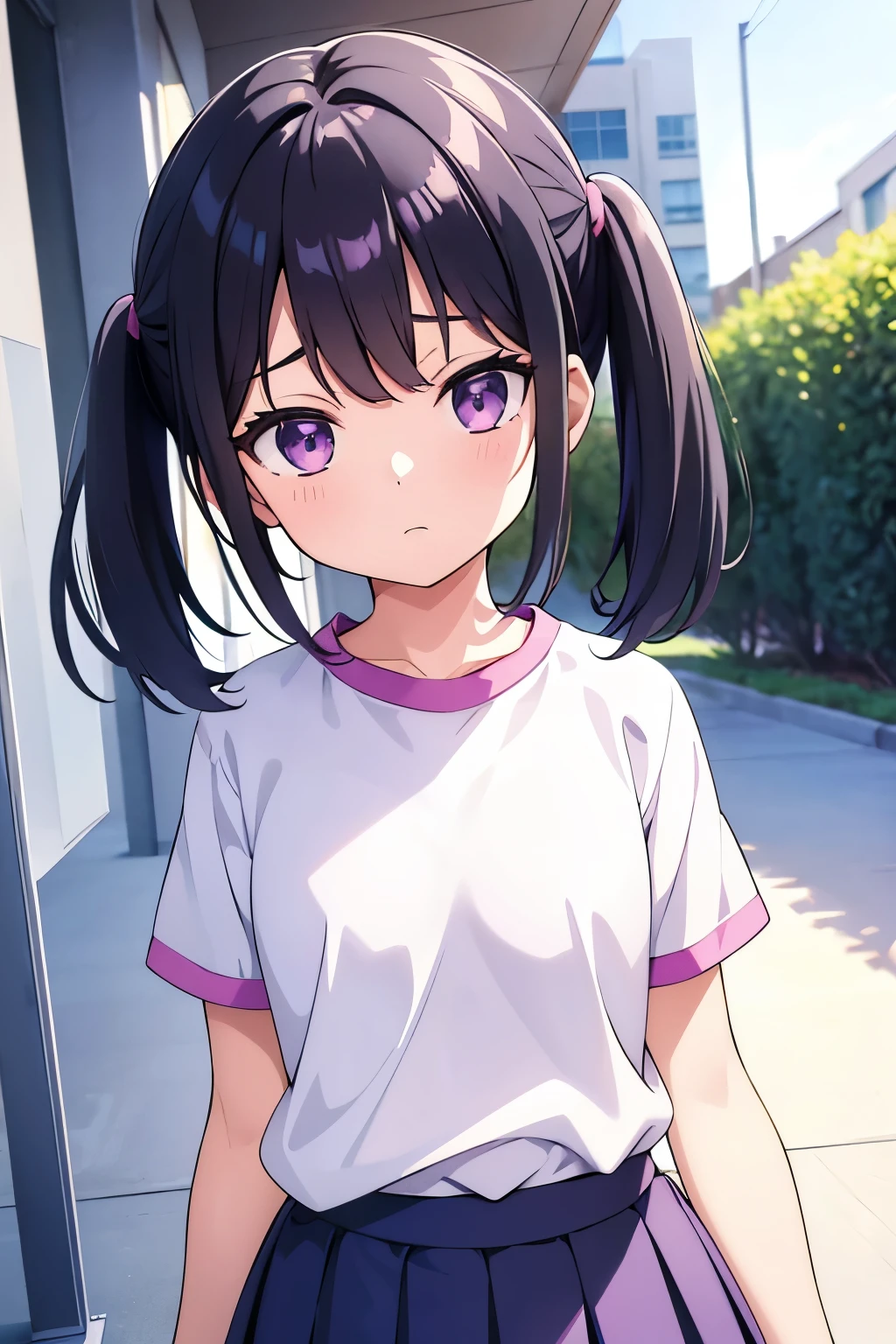 ((masterpiece, best quality)), high resolution,ultra detailed,8k,16k,detailed background, perfect lighting,detailed beautiful eyes, 1girl,solo,embarrassed,blush,in heat,look at viewer,face focus,(steam,sweat,from front,upper body:1.2),provocative eyes,wavy mouth,:d,fisheye lens,(show off armpits,arms up:1.3),(slender,kawaii),(nishino flower,purple eyes,horse ears,hair band,black hair,short hair,small breast,little body,short_body,flat color),blue school swimsuit