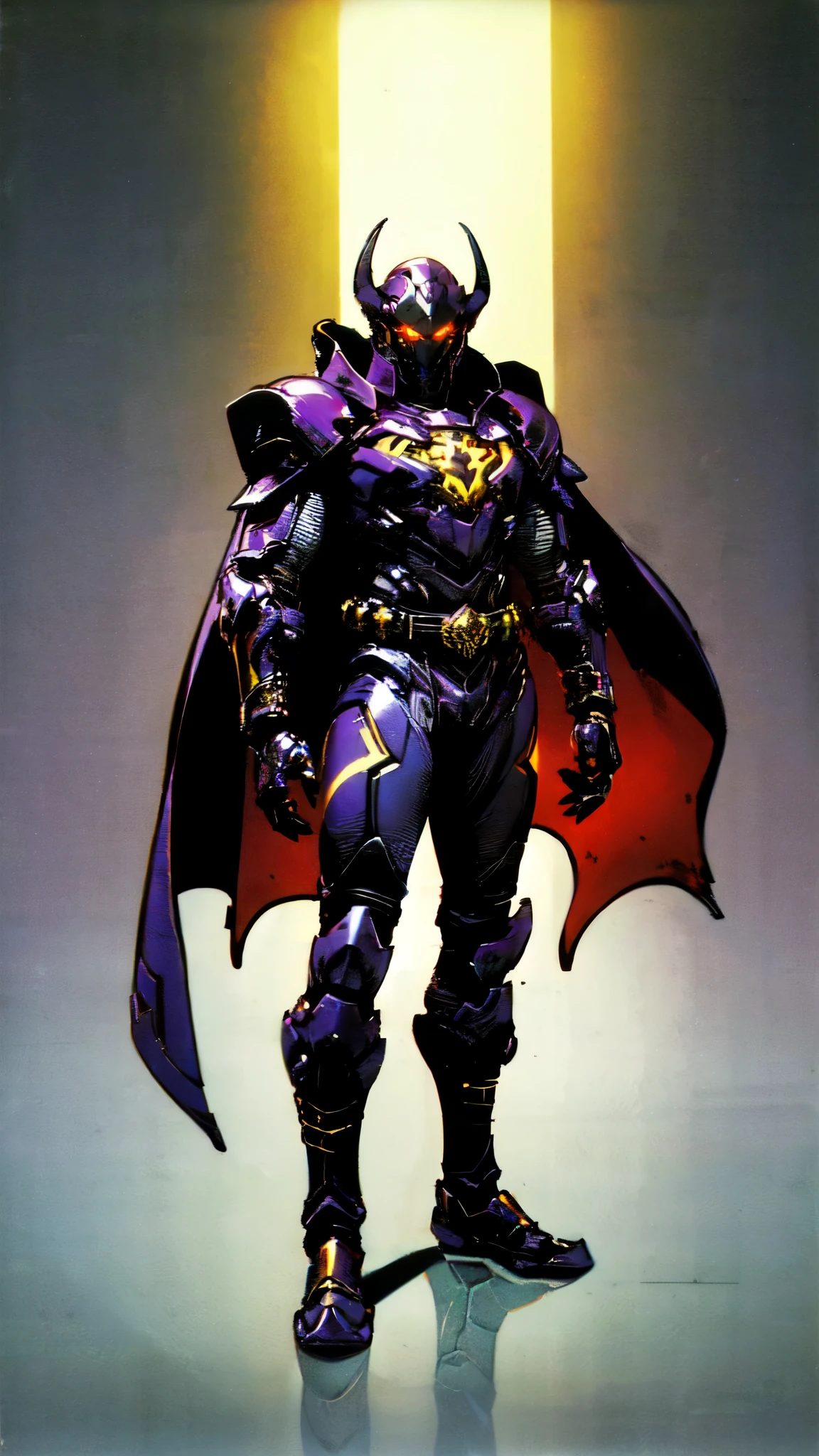 (masterpiece:1.5, best quality:1.5, extremely delicate:1.5), ((male:1.5)), a man wearing a full-face helmet, high-tech biomimetic armored combat suit, (a composite layered chest armor), the design balances heavy with agility, fully enclosed shoulder guards, matching arm and leg guards, a belt of gemstone, (the color scheme is primarily Red with Purple and Yellow accents, Organic Biotech, Concept Inspired by Vampire, glowing eyes, armor glows, huge cloak like devil wings, blood), stand of a futuristic sci-fi city, this character embodies a finely crafted fantasy-style armored hero in anime style, exquisite and mature art style, metallic, high definition, highres, ultra-detailed, ultra-fine painting, professional, perfect body proportions, golden ratio, anatomically correct, symmetrical face, extremely detailed eyes and face, high quality eyes, creativity, RAW photo, UHD, 32k, Natural light, cinematic lighting, (masterpiece-anatomy-perfect:1.2)