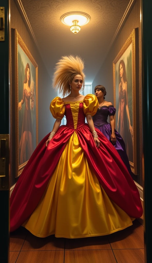 In the heart of a grand manor, a hallway stretches out, its walls adorned with massive, gilded paintings that seem to shimmer in the soft, ethereal light. The air is filled with a gentle, almost imperceptible hum, as if the very fabric of the place is alive with hidden magic. Two women, dressed in elaborate Victorian gowns, stand in this enchanted space, their presence both regal and surreal. The woman at the forefront is a vision of vibrant energy. Her dress, a magnificent confection of yellow and red silk, boasts massive puffed sleeves that catch the light and cast gentle shadows. Her hair, styled into a towering, high wig, is a cascade of golden curls that seem to float just above her head, as if defying gravity. She wears matching yellow gloves, their delicate lace cuffs adding a touch of whimsy to her already flamboyant attire. Behind her, a second woman stands, her presence more subdued yet equally captivating. Her dress is a deep, rich purple, its fabric so smooth it appears to absorb the light. Her wig, a darker shade, frames her face with simplicity and elegance. Despite her more understated appearance, she exudes a quiet strength, her eyes reflecting the same subtle magic that permeates the room. The hallway itself is a tapestry of ornate detail. The wooden floors are polished to a mirror-like shine, and the walls, draped in lush, velvet curtains, are punctuated by the grand paintings. Each painting, it seems, has a life of its own, with figures and landscapes that subtly shift and move, as if whispering secrets to those who dare to look closely. The soft, ethereal glow that bathes the scene enhances the over-the-top swag of the dresses and the grand decorations, creating a world where the ordinary is infused with a sense of wonder and mystery.