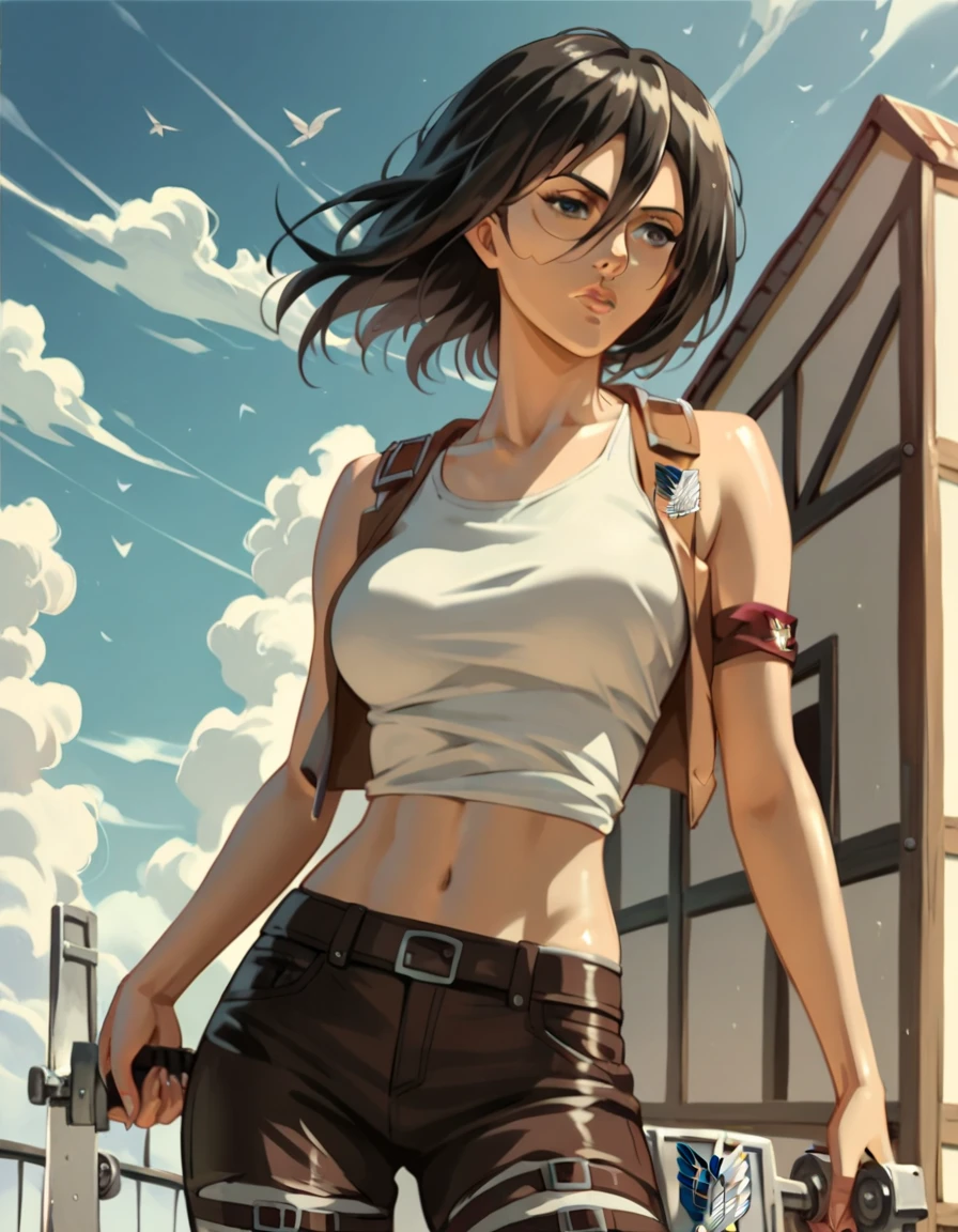 best quality, solo, animegirl, mikasa_ackerman, Mikasa, attack on titan, Mikasa Ackerman from attack on titan, wearing a white Gym top only on breast, midriff exposed, and a gym Short, cowboy shot, 