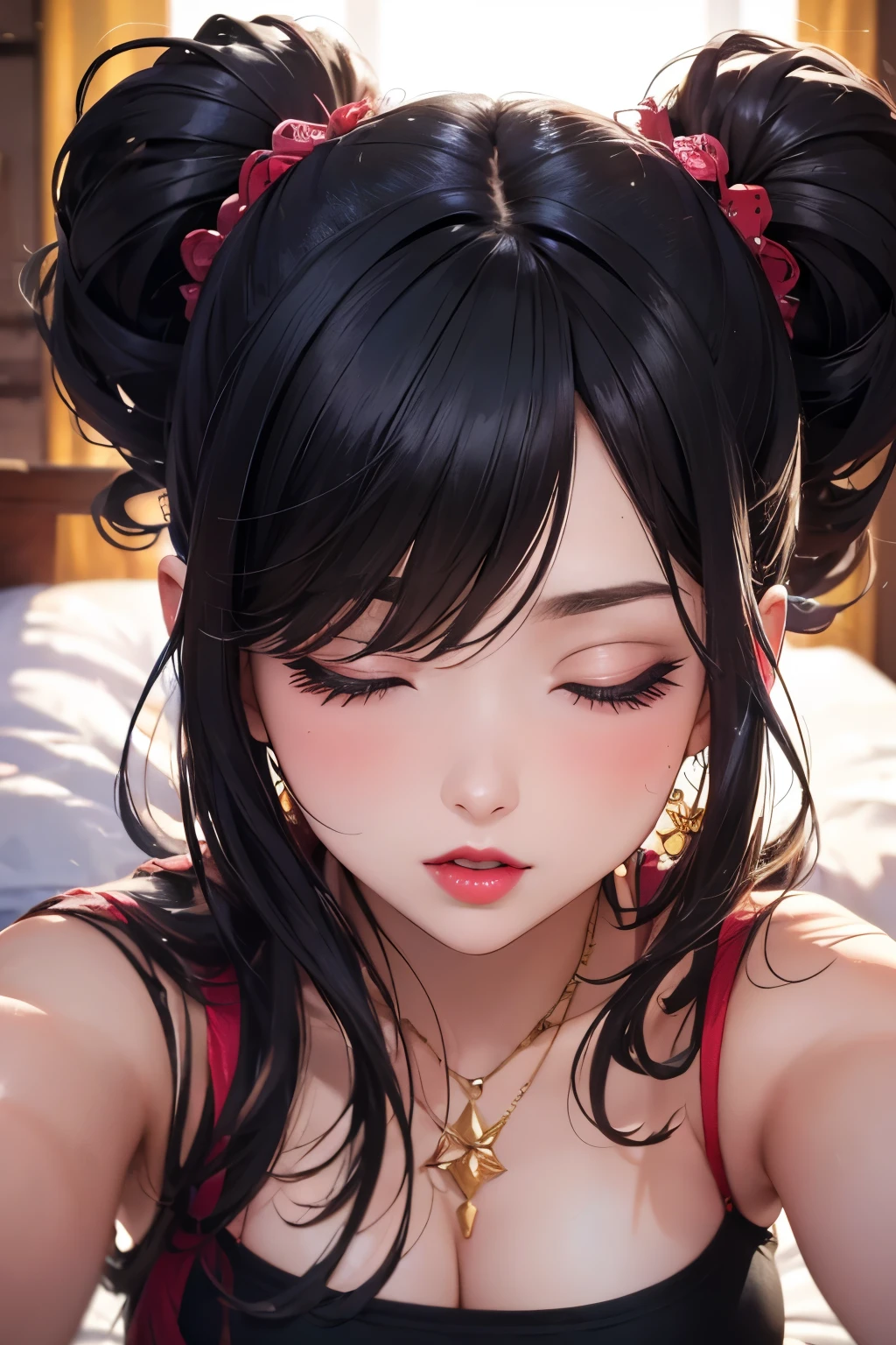 (best quality,4k,8k,highres,masterpiece:1.2),ultra-detailed,(realistic,photorealistic,photo-realistic:1.37),portrait,sexy woman,beautiful face,black hair tied in a bun,glossy lips,smokey eyes,eyeliner,blushing intensely,smiling,maroon kurta pajama,maroon sheer shawl,lying on bed,head on a pillow,viewer-facing position
