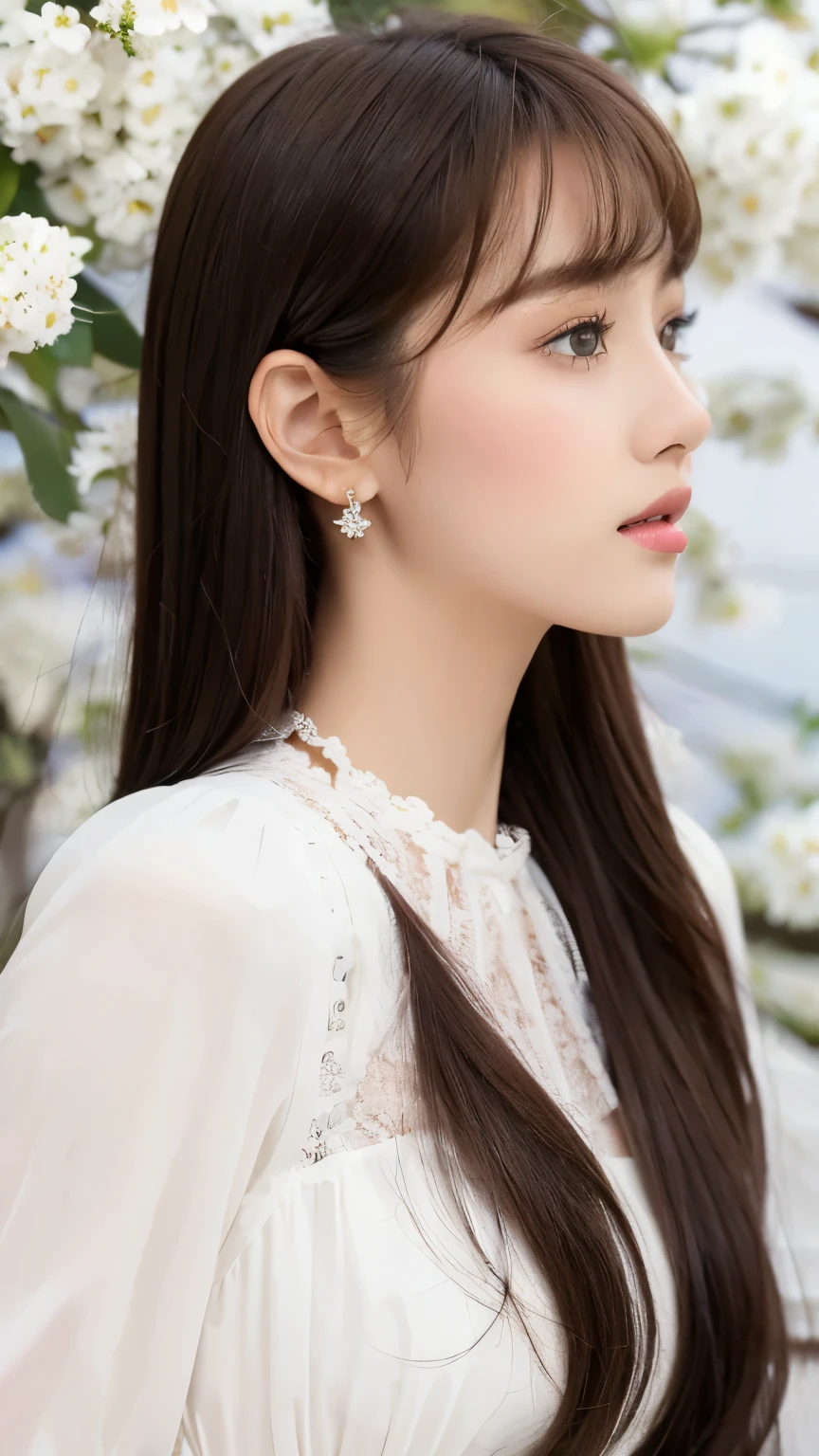 （real， High resolution：1.3）， One girl with a perfect body，, Very beautiful face and eyes，profile、Long Hair，bangs, White blouse dress：1.2，The background is covered with white flowers,Cosmetics advertising