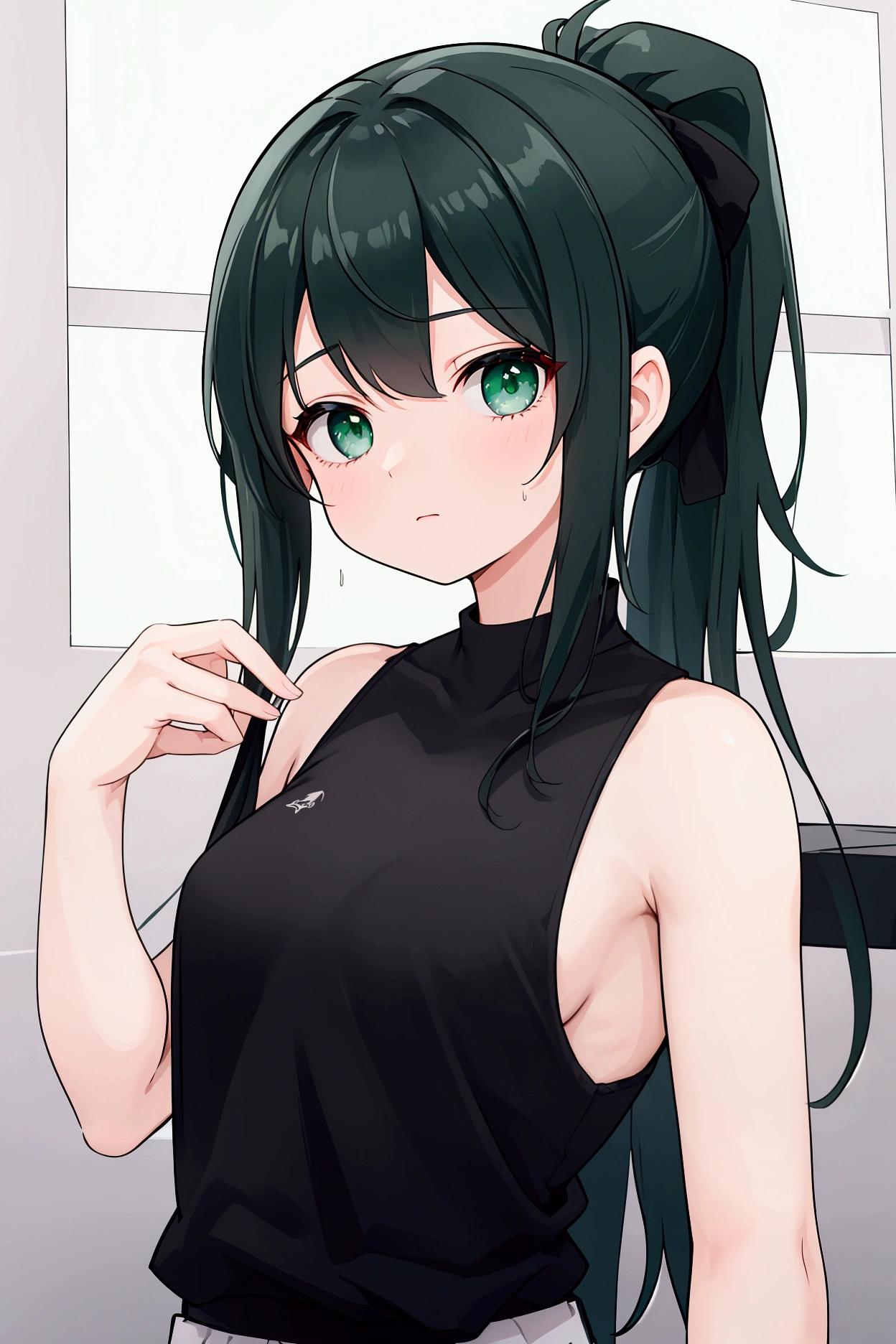  top quality、8k、Representative Works:1.3、 girl、1 person、1 personで、 petite and glamorous body 、curve、 cute、Eyes lifted and desperate expression 、 beautiful long black hair in a ponytail、 beautiful emerald green eyes 、I'm holding a dumbbell with my right hand ,Lifting the barbell, wear a black tank top to highlight ,Wearing a blue jersey ,
