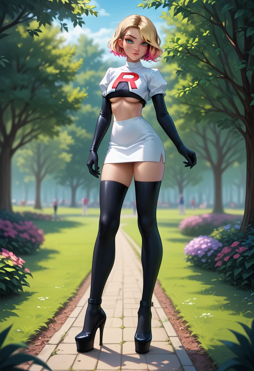 score_9, score_8_up, score_7_up, 1girl, solo, beautiful waifu, thicc, (short hair Gwen Stacy, blonde, colorful highlights:1.2), detailed eyes, detailed face, flirt, Cosplay_TeamRocket, team rocket uniform, white jacket, cropped jacket, white skirt, elbow gloves, black thigh highs, heels, underboob, in beautiful green park, trees, lowlight, early evening, shallow depth of field, (full body shot:1.1).