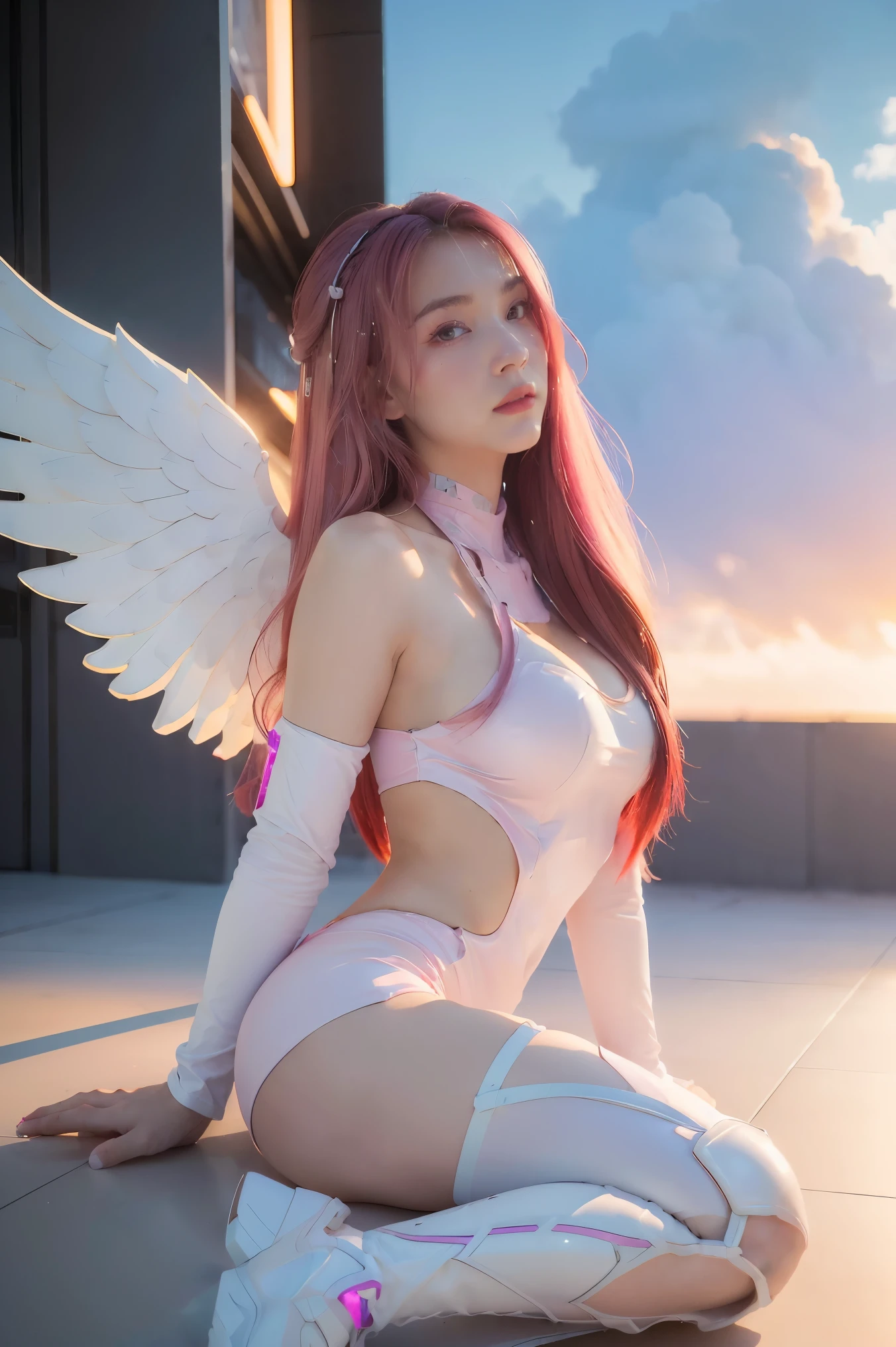 ((masterpiece, best quality, extremely detailed), volumetric lighting, ambient occlusion, colorful, glowing), 
1girl, solo, young girl, (pink hair), long hair, halo, aura, sacred, godness, cyber suit, (white outfit:1.3), android, bot, angel wings,
outdoors, sunset, sky, clouds, space, (cyberpunk theme:1.2),