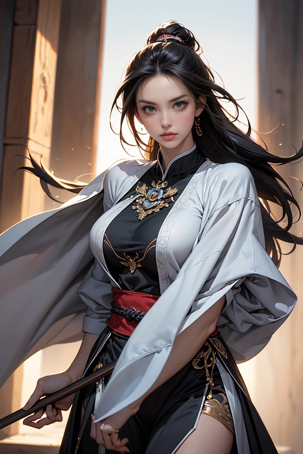Best Quality, Masterpiece, Ultra High Resolution, (Realistic: 1.4), Xiuxian, Weapon, Detail Face, (Big Breasts: 1.5), 1 Girl, Solo, Weapon, (Magic Circle: 1.2), Xiuxian, Upper Body, Beautiful Girl, Full Body, East Asian Architecture, Sheath, Building,