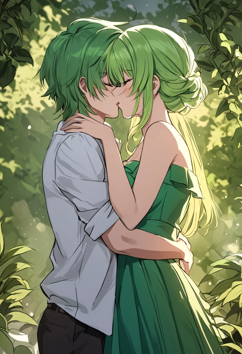 green hair, Romanticism, chiaroscuro, kiss