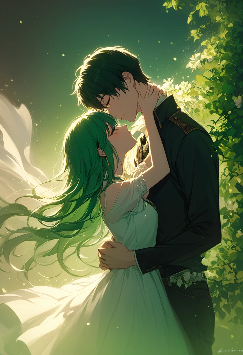 green hair, Romanticism, chiaroscuro, kiss