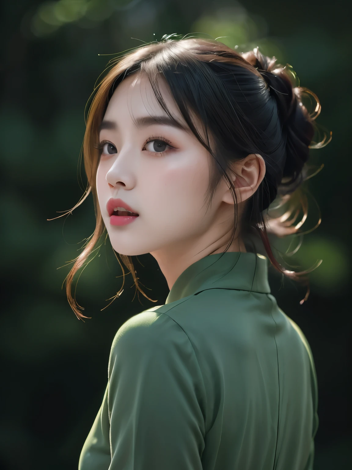 (8K, High resolution, highest quality, masterpiece:1.2)、1 Japanese girl, cute, healthy, natural makeup, Open your mouth and say something, The background is dark green and monotone.. look away