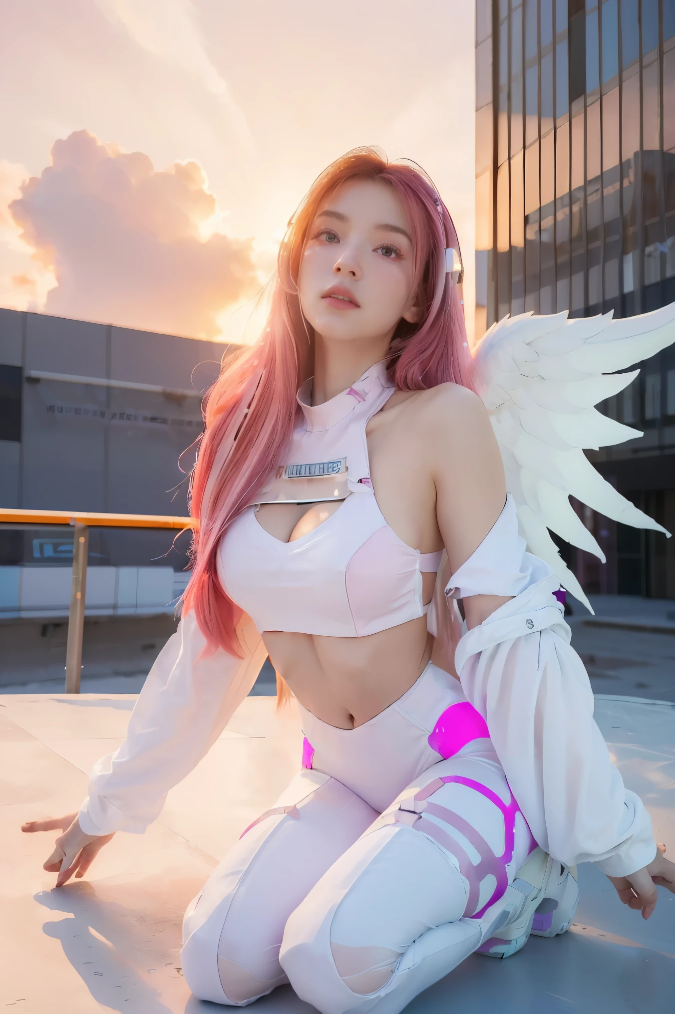 ((masterpiece, best quality, extremely detailed), volumetric lighting, ambient occlusion, colorful, glowing), 
1girl, solo, young girl, (pink hair), long hair, halo, aura, sacred, godness, cyber suit, (white outfit:1.3), android, bot, angel wings,
outdoors, sunset, sky, clouds, space, (cyberpunk theme:1.2),