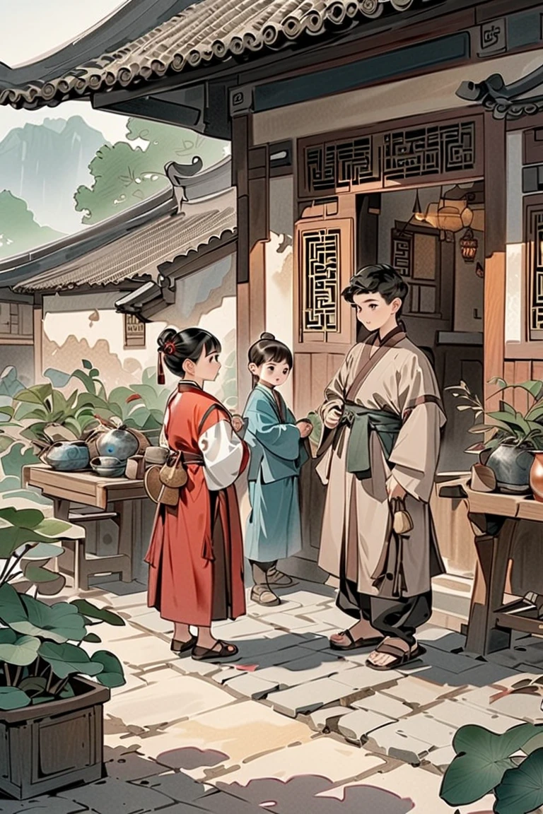 Ancient Chinese style, young boy ages 9 and young girl ages 9, 2 characters, wearing ancient Chinese costumes, both are merchants and traders, the background is a herbal stall, black hair, young boy, young girl ((semi-real)) ((full body)) ((background detail)) ((Chinese art))