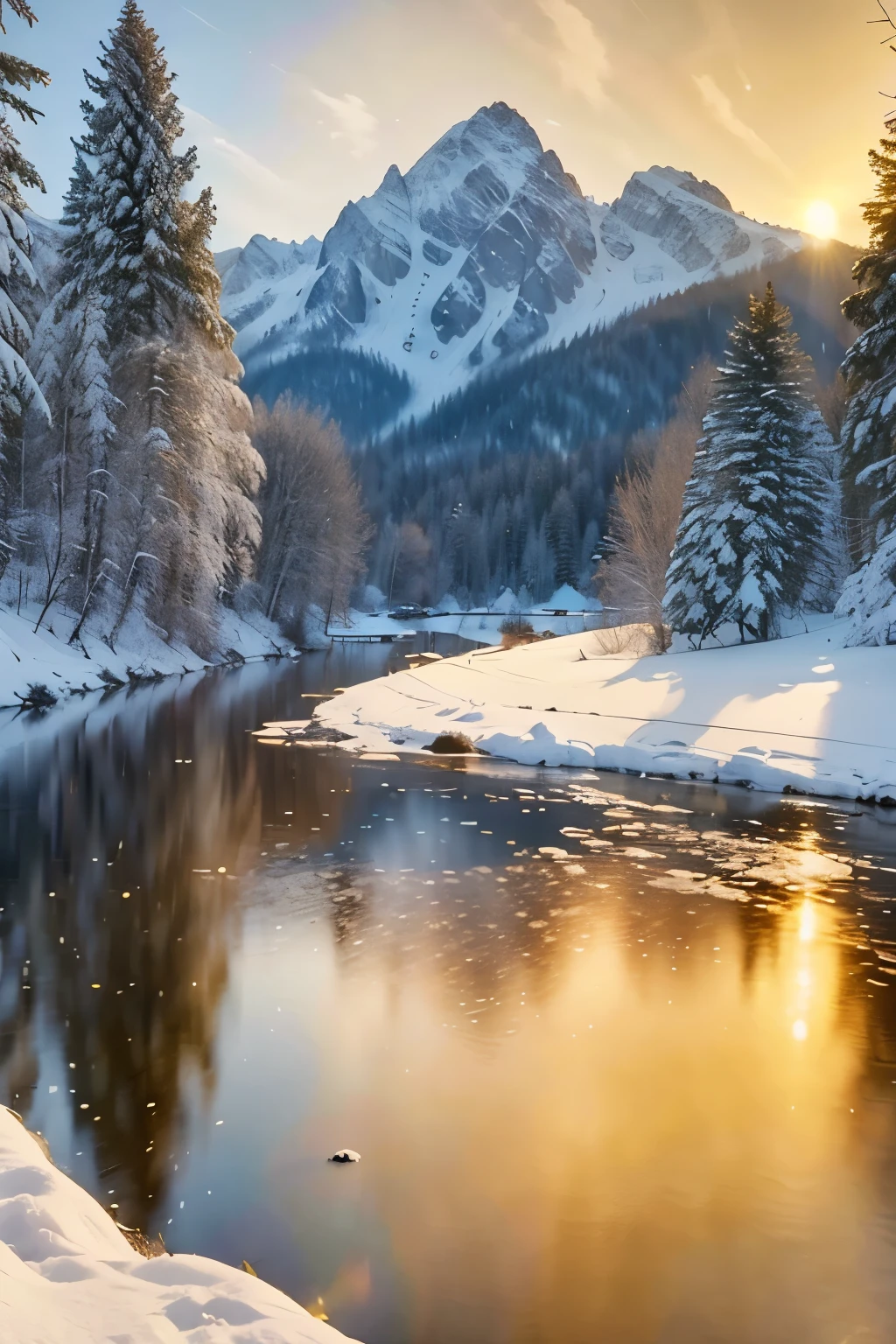 a snowy winter landscape, snow-covered pine trees, frozen lake, mountains in the background, dramatic lighting, warm golden sunlight, vibrant colors, detailed textures, intricate snow patterns, photorealistic, cinematic composition, atmospheric, serene and peaceful mood