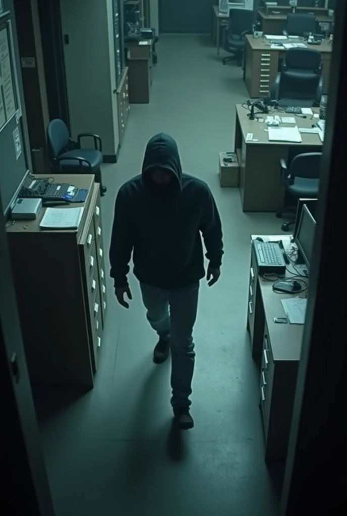 Um agente do Gabinete de Anomalias, sitting in his office wearing a security suit, looking at a surveillance monitor watching the cameras stay safe, The door next door is transparent giving to see dark corridor next to