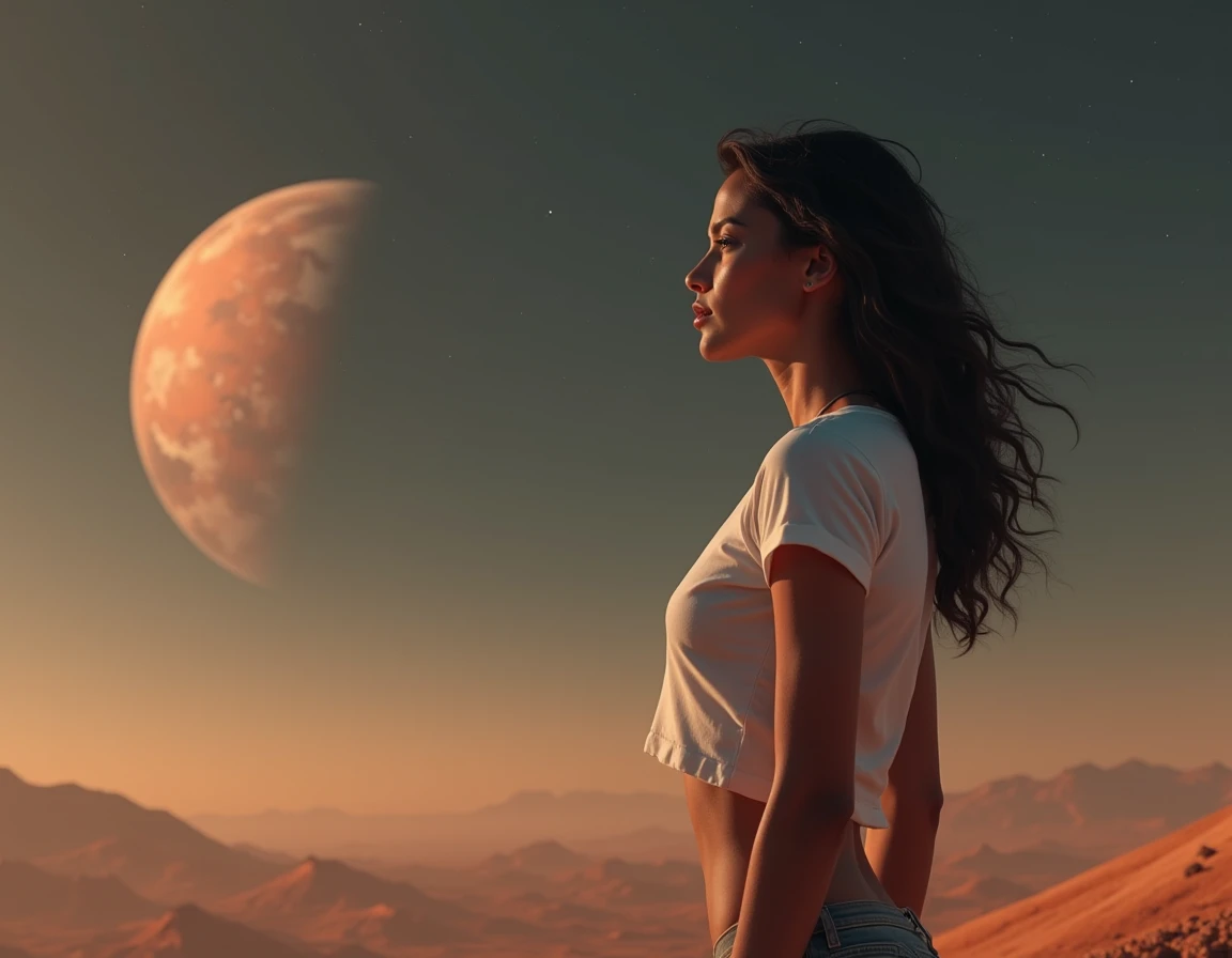 Uma jovem loira sexy com cabelo curto e roupas leves senta-se em um assento em uma nave espacial e a janela pode mostrar belas estrelas e galaxias