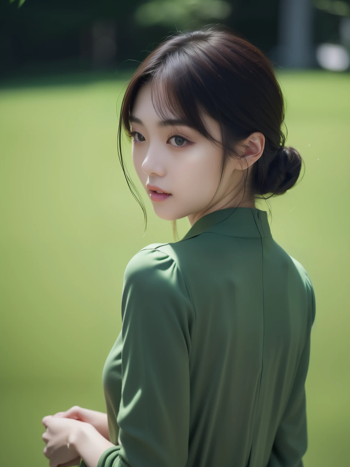 (8K, High resolution, highest quality, masterpiece:1.2)、1 Japanese girl, cute, healthy, natural makeup, Open your mouth and say something, The background is dark green and monotone.. look away