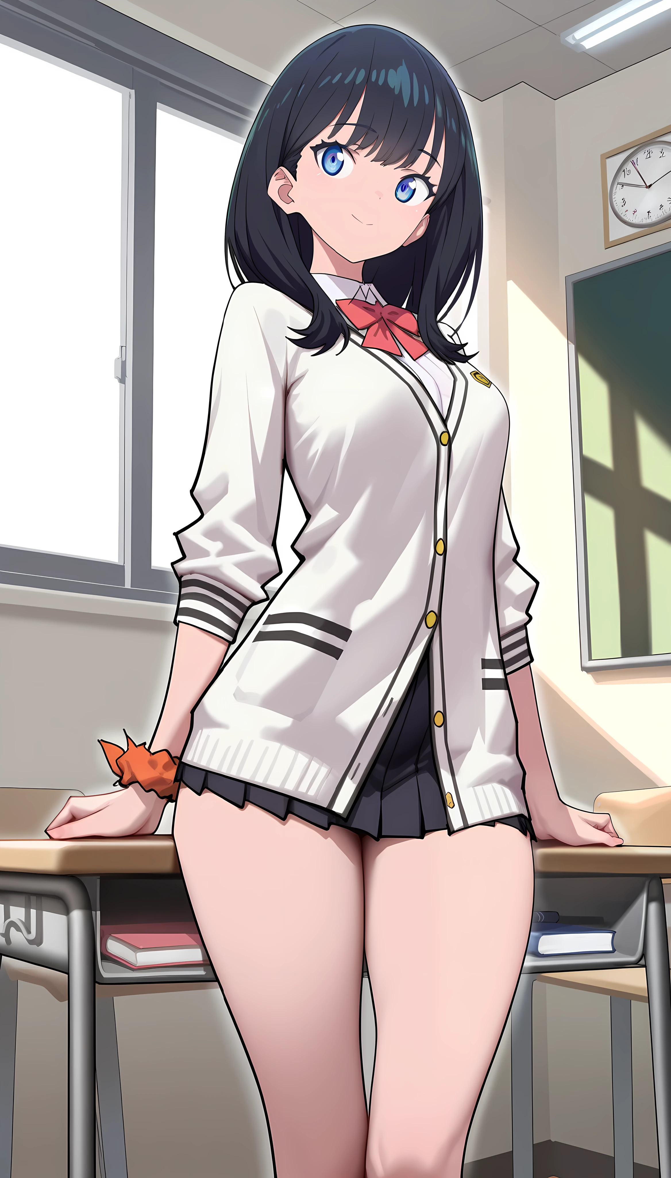 very aesthetic, masterpiece, best quality, newest, highres, high quality, semi-realistic, beautiful, beautiful detailed face, fellatrix,  1girl, solo, takarada rikka,long hair,bangs,school uniform,red bowtie,white cardigan,white shirt,long sleeves,wrist scrunchie,orange scrunchie,(black skirt),pleated skirt,socks,red socks,loafers,brown footwear, wide hips, narrow waist, thighs, voluptuous