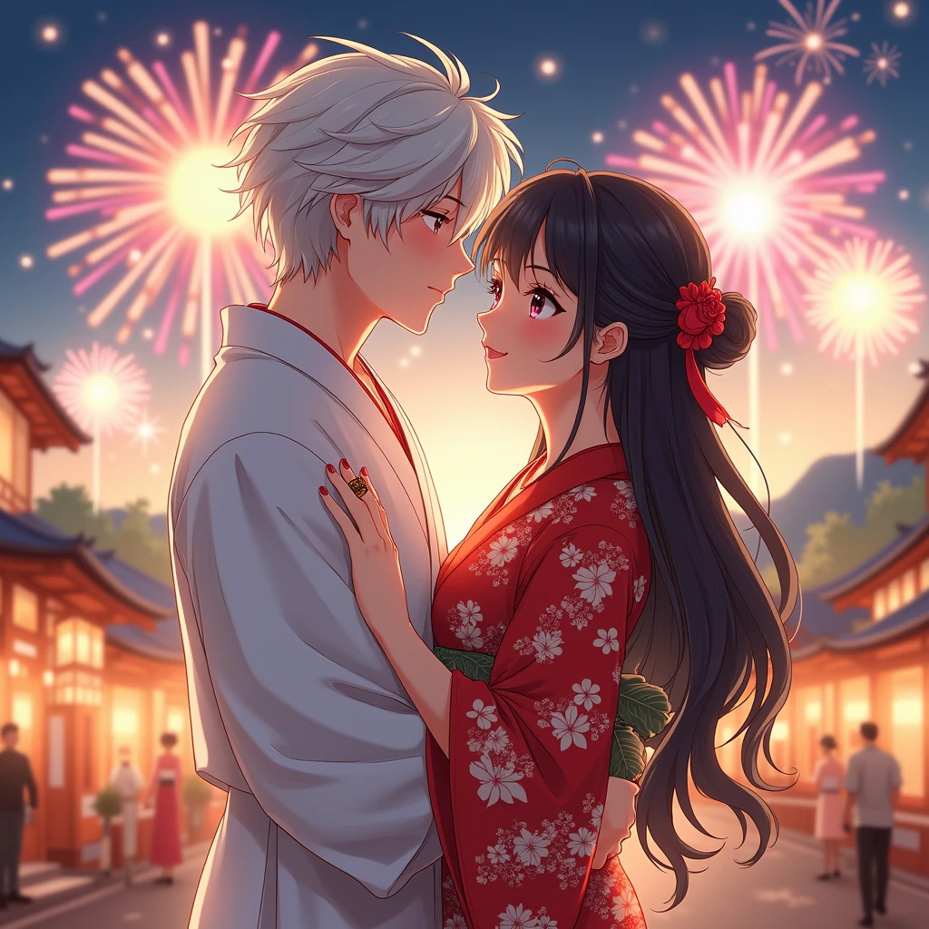 Anime man wearing white yukata dress with white hair cuddling with woman with long hair wearing red yukata dress wearing jewelry bracelet ring on left finger standing watching fireworks