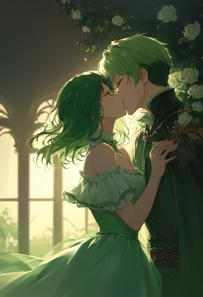 green hair, Romanticism, chiaroscuro, kiss