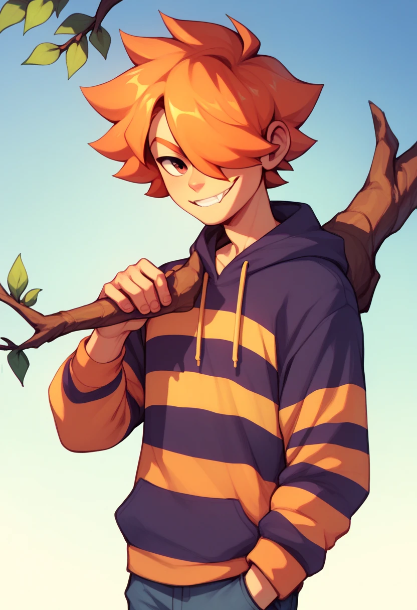 Undertale  Style , human Male , Orange hair ,hair over eye , Striped hoodie , According to a tree branch,solo