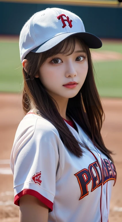 Baseball cap with "sheeny" inscription, Asian girl, black hair, brown eyes, Low saturation Pixar Super details,clay, looking at viewer, white background, divine cinematic edge lighting, soft focus. 8K, bestquality, ultra-detail.