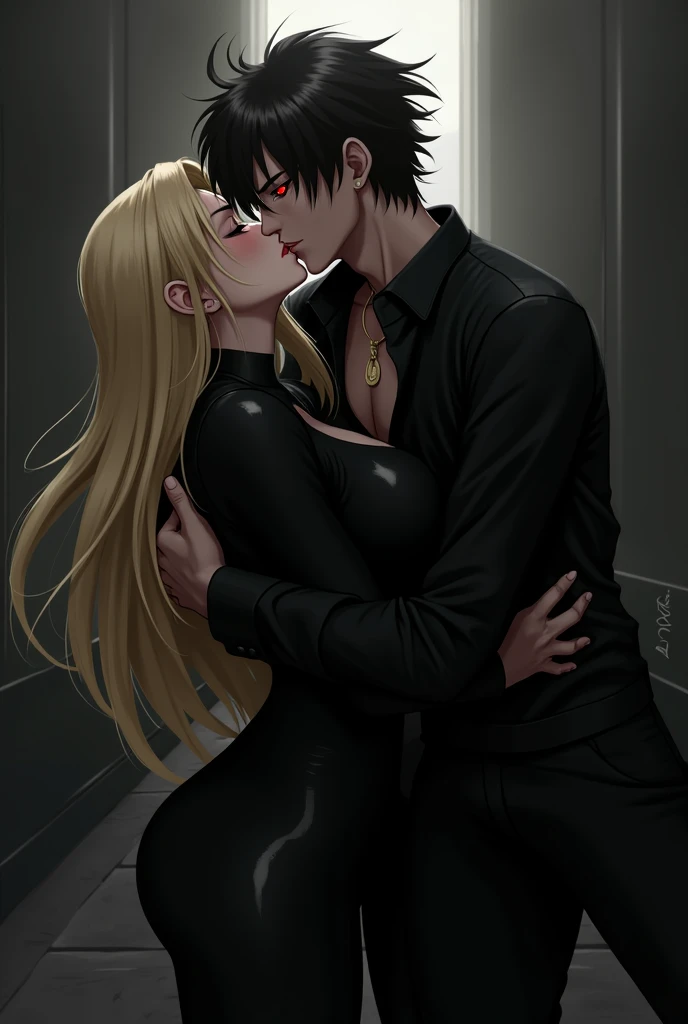 Pale man long blonde hair and black clothes kissing a pale woman with black hair with bangs black clothes